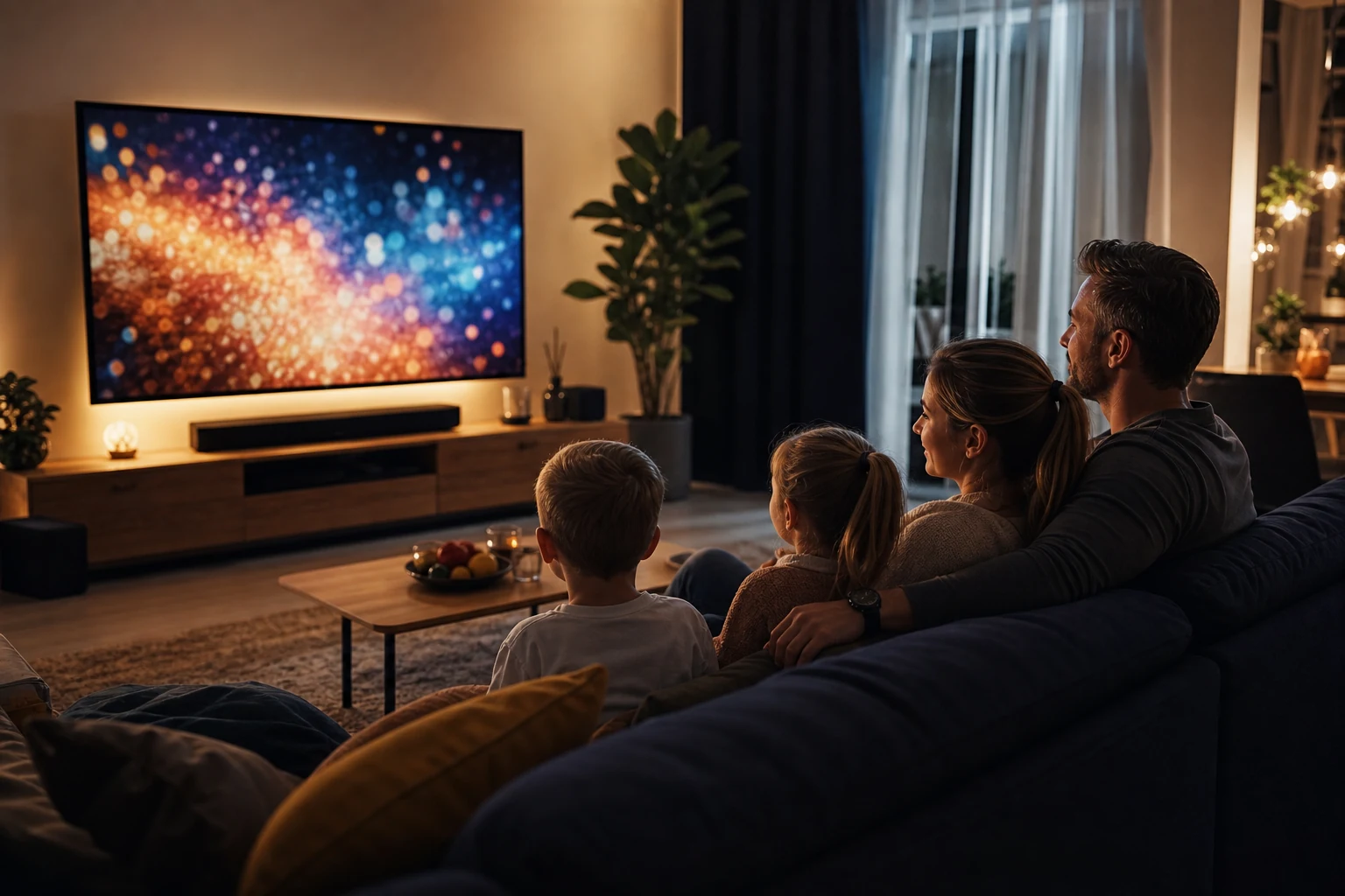 Rodzina oglądająca telewizję w salonie